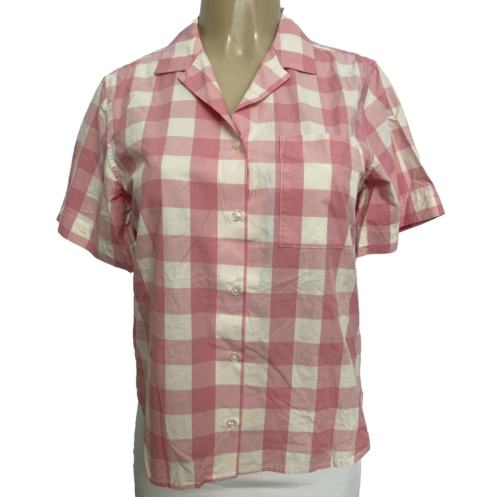 NWOT Trovata Birds of Paradis Top Shirt Blouse Pink Plaid Short Sleeve Button S